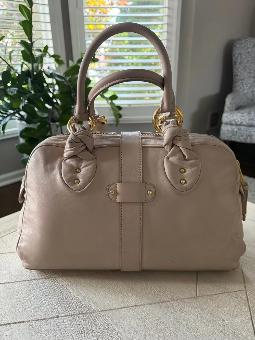 Marc Jacobs Ivory Leather Satchel Gold Hardware Double Pocket Purse Bag
